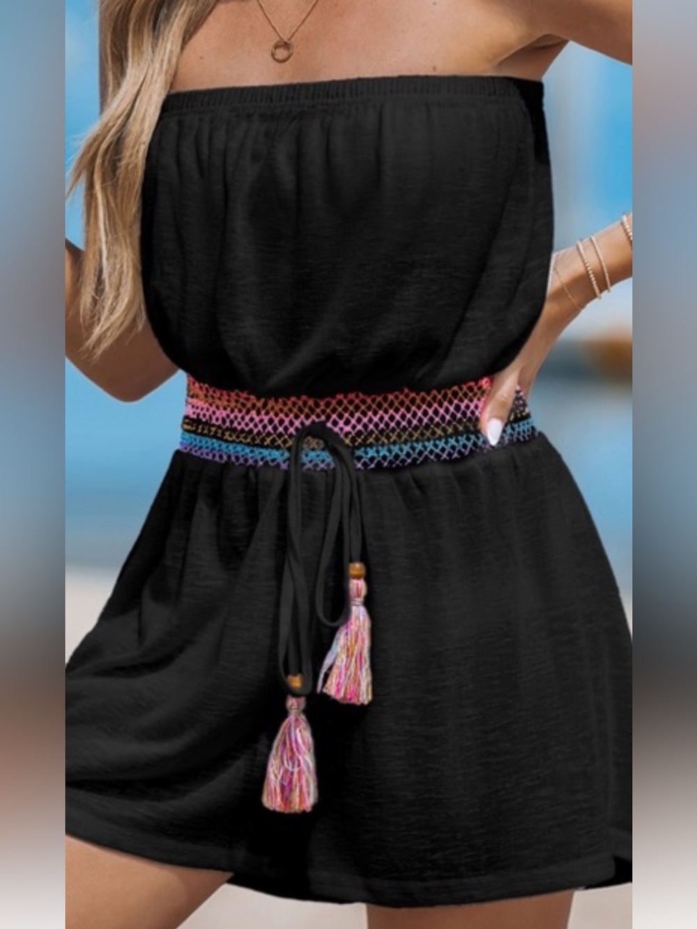 Chic Black Strapless Romper featuring a colorful belt with tassels. NWT - Large